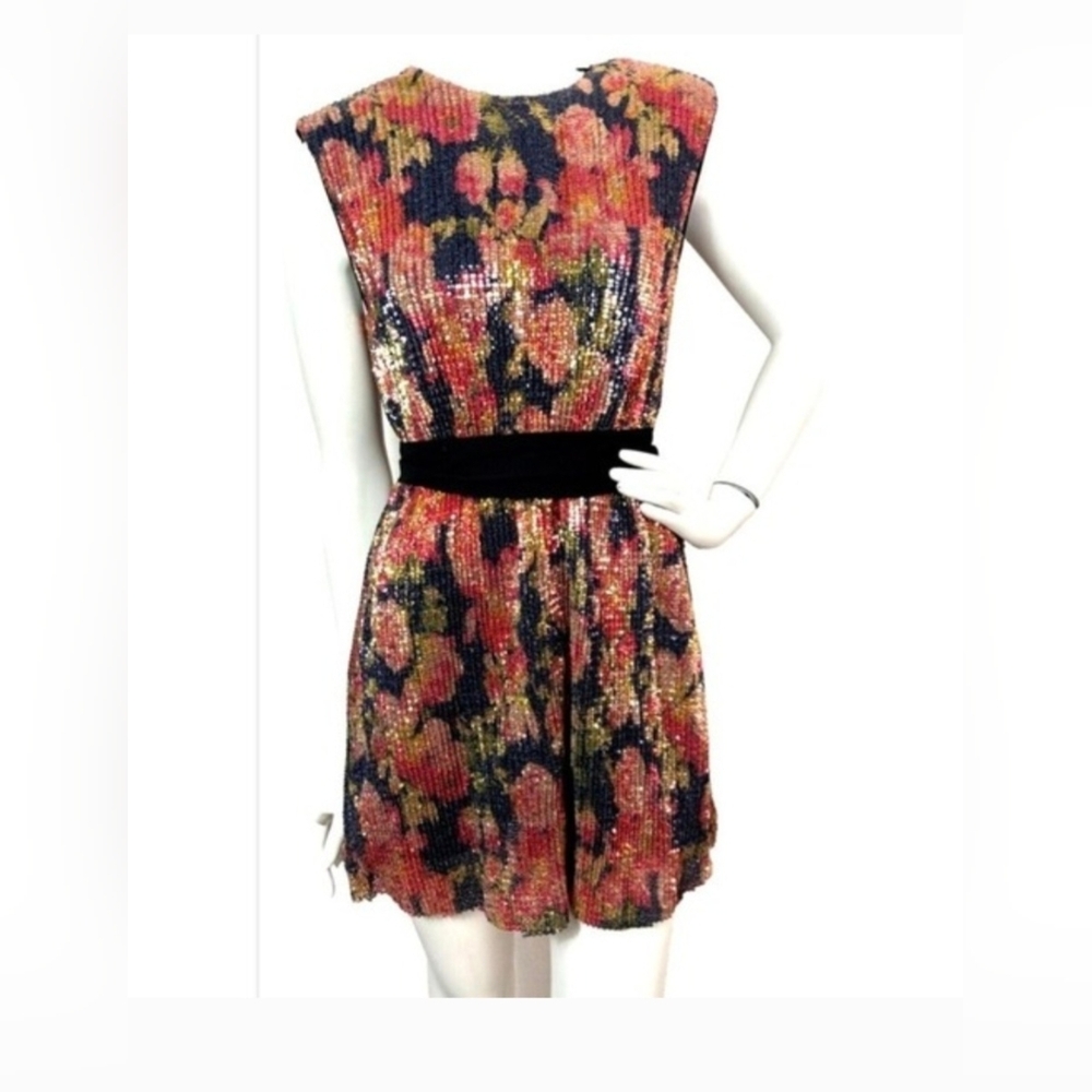 Zara Floral Sequin Dress - Black, Pink, Gold - Picture 2 of 9